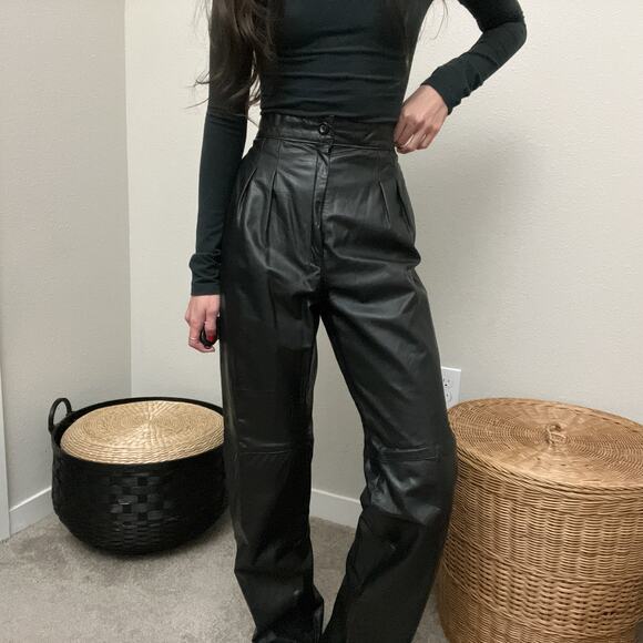 80s 90s vintage black leather high waisted rise minimalist straight leg pants - Picture 2 of 9